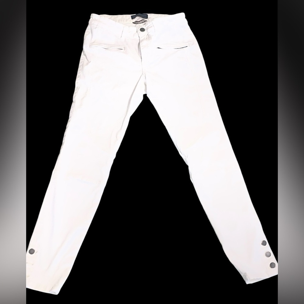 Peruvian Connection White Ryder Pants Skinny Women’s sz 8 zipper button hems